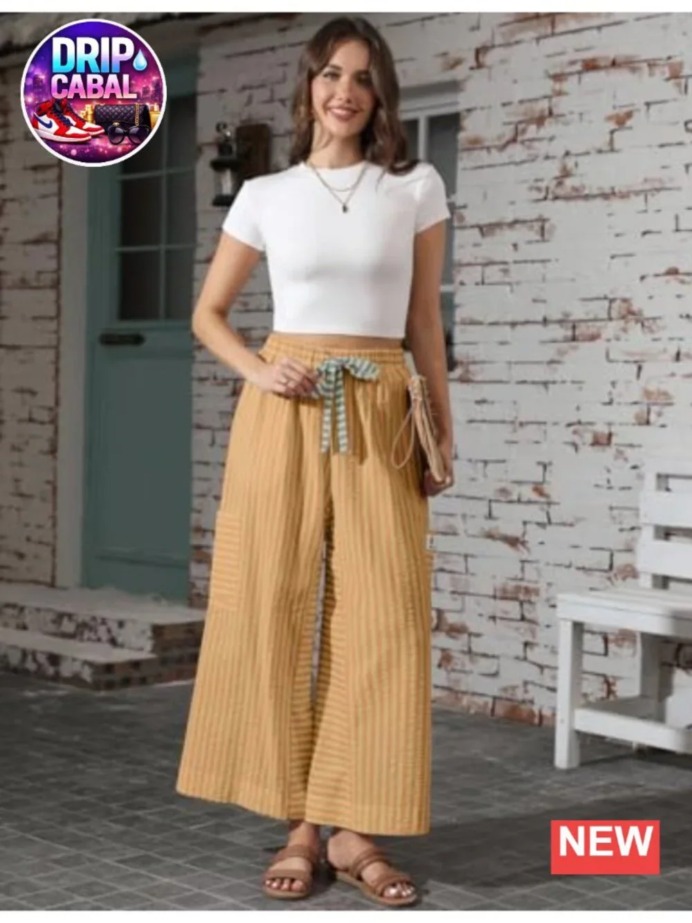 Cotton Blend Palazzo Pants for Women, Drawstring Elastic Waist, Striped Wide